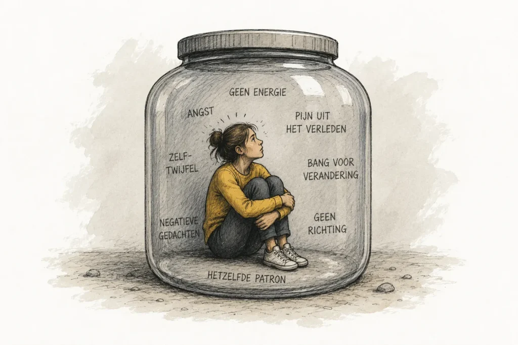 Vrouw zit gevangen in een glazen pot vol twijfels en angsten